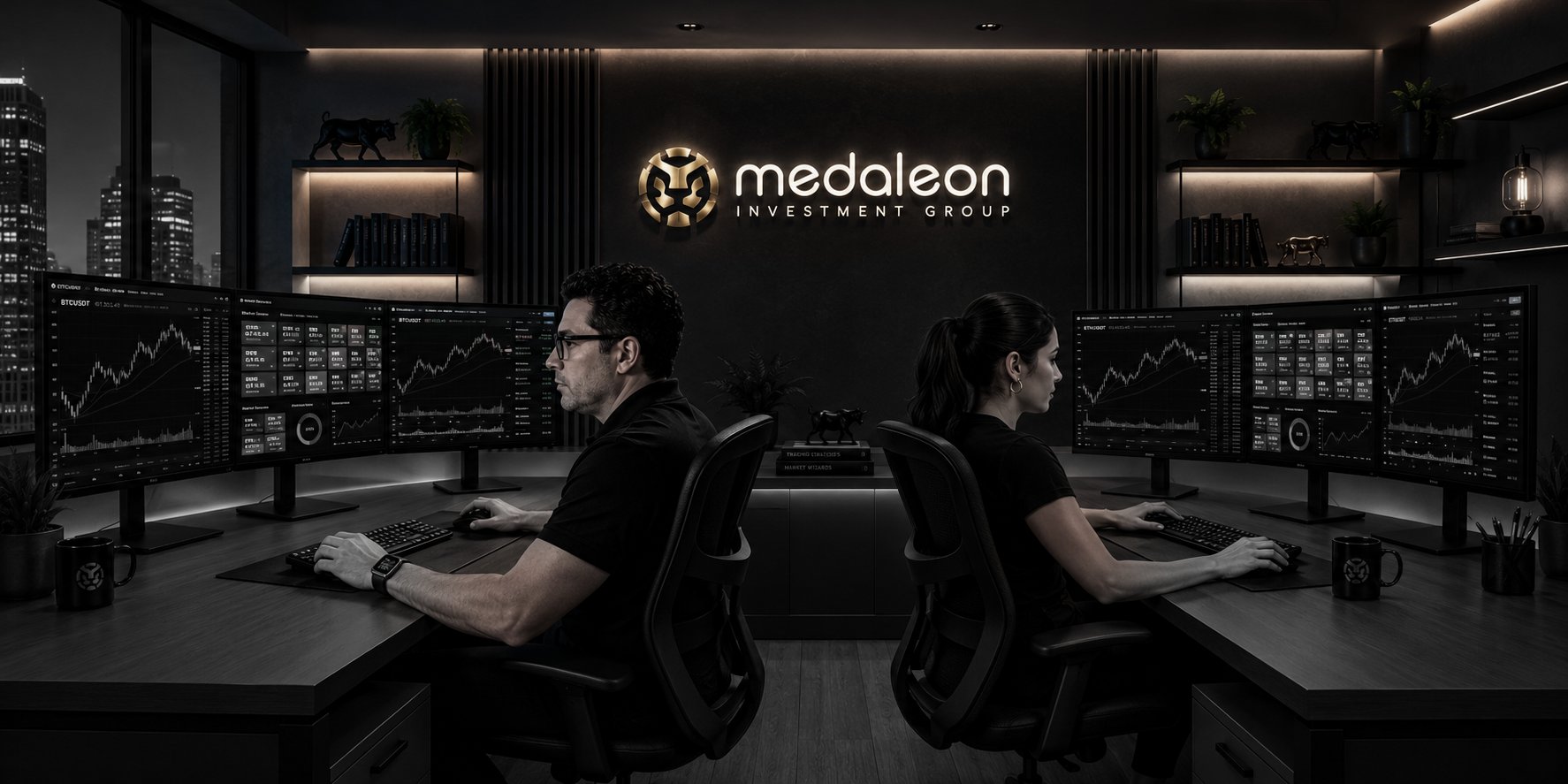 Medaleon trading floor — analysts monitoring market data on curved displays in a modern technology environment